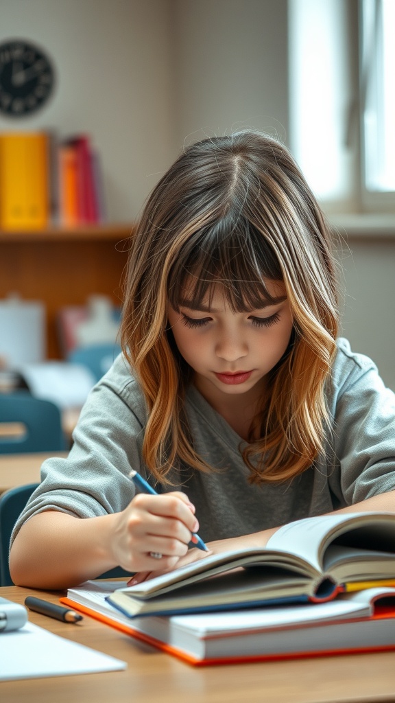A student with layered hair and highlights studying at a desk.
