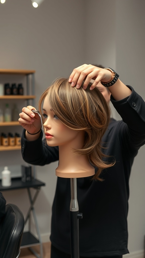 A stylist cutting layers on a mannequin head in a salon setting.