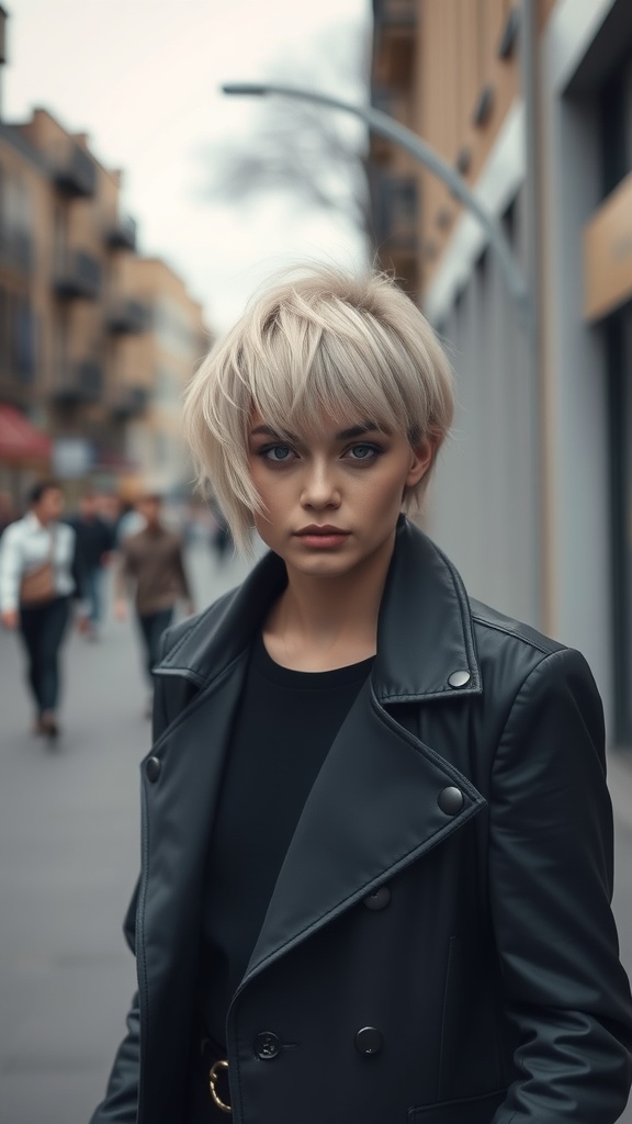 A person with a layered haircut wearing a black leather jacket, standing on a city street.