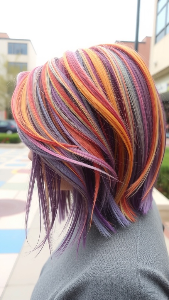 A close-up view of a layered haircut with vibrant colors including pink, orange, and purple.