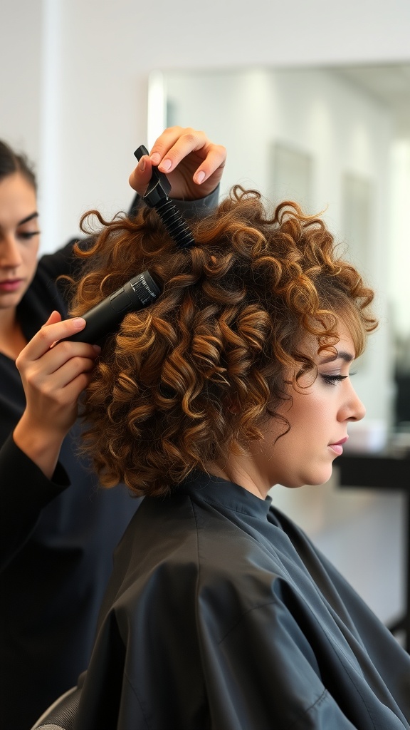 A stylist working on a curly hairstyle, demonstrating a layered haircut technique.