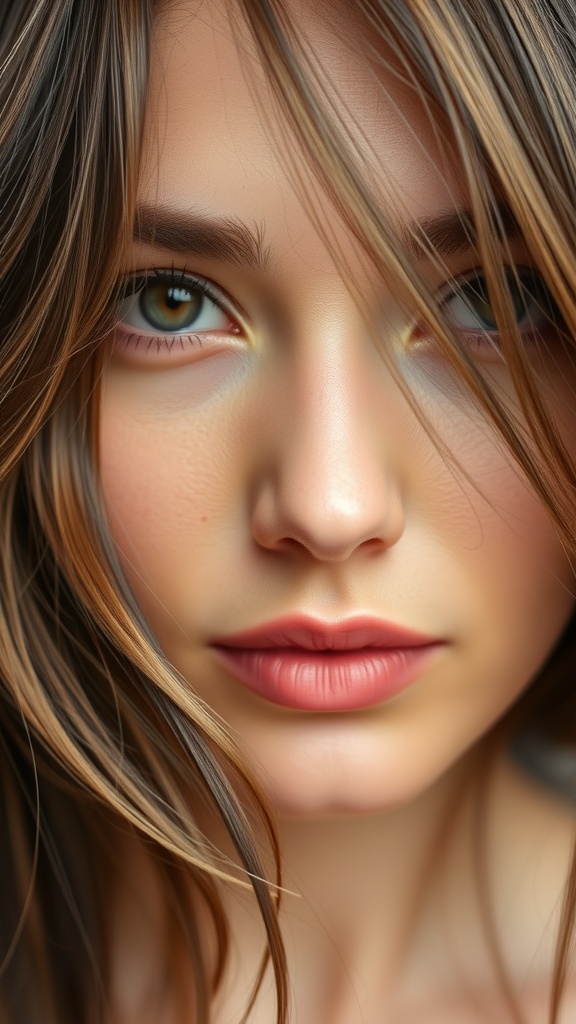 Close-up of layered hair with highlights and texture