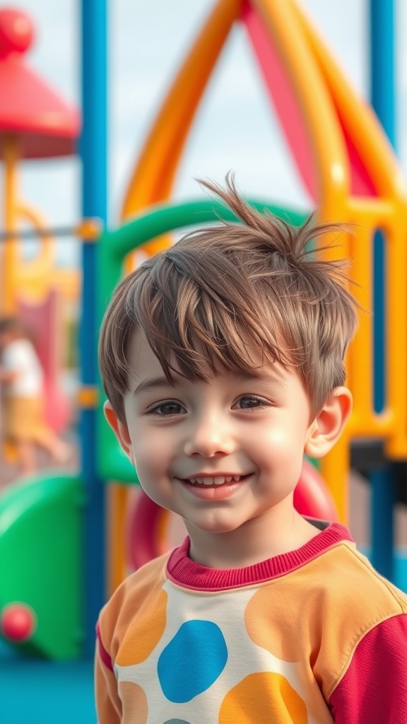 A smiling child with a layered haircut, wearing a colorful shirt, in a playground setting.