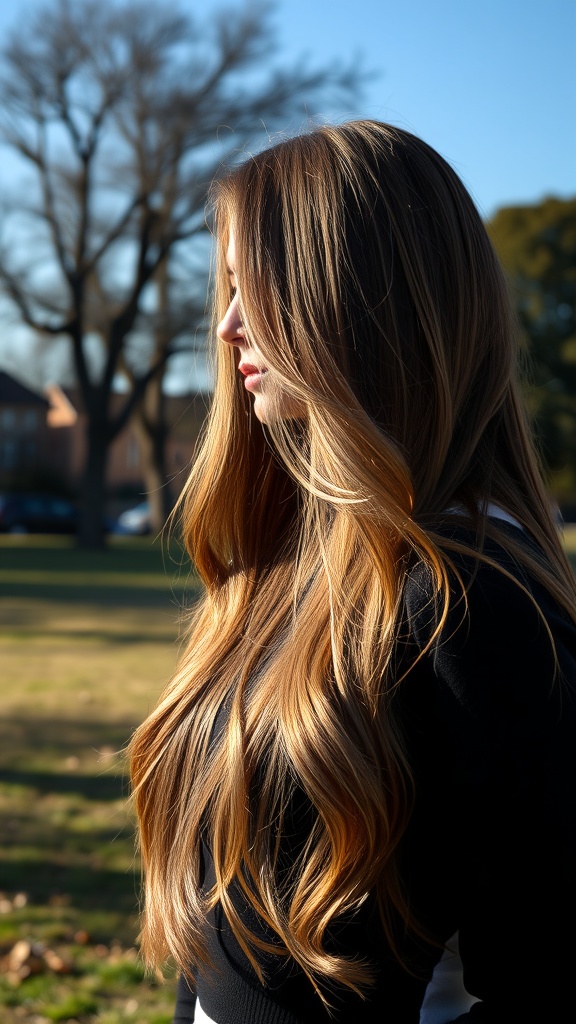 A woman with long layered hair, showcasing soft waves and a natural look.