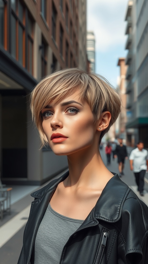 A stylish woman with a layered short haircut, wearing a leather jacket, standing in an urban setting.