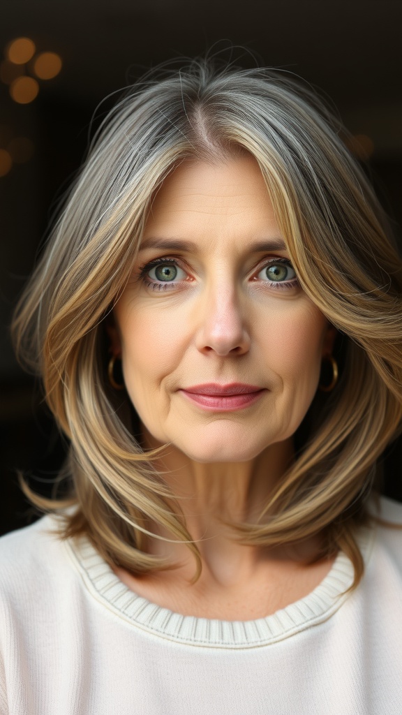 A woman with a layered lob hairstyle, showcasing soft waves and highlights.
