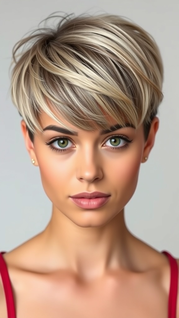 A woman with a layered pixie cut, showcasing an oval-shaped face.