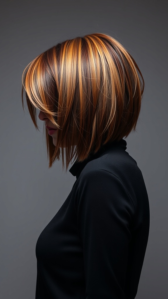 A woman with a layered shag haircut featuring bold colors of brown and copper highlights.