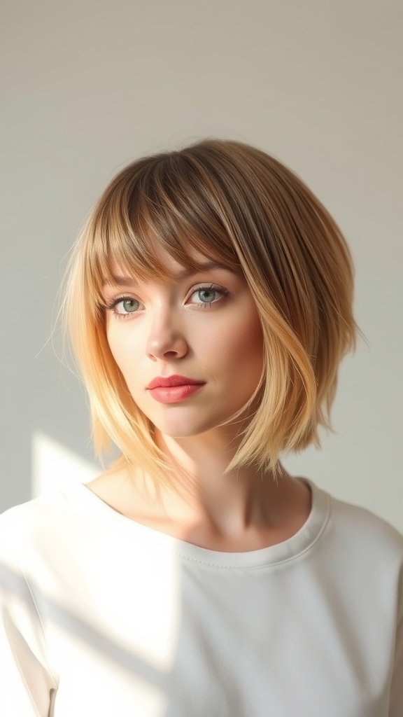 A woman with a layered shag hairstyle and face-framing bangs.