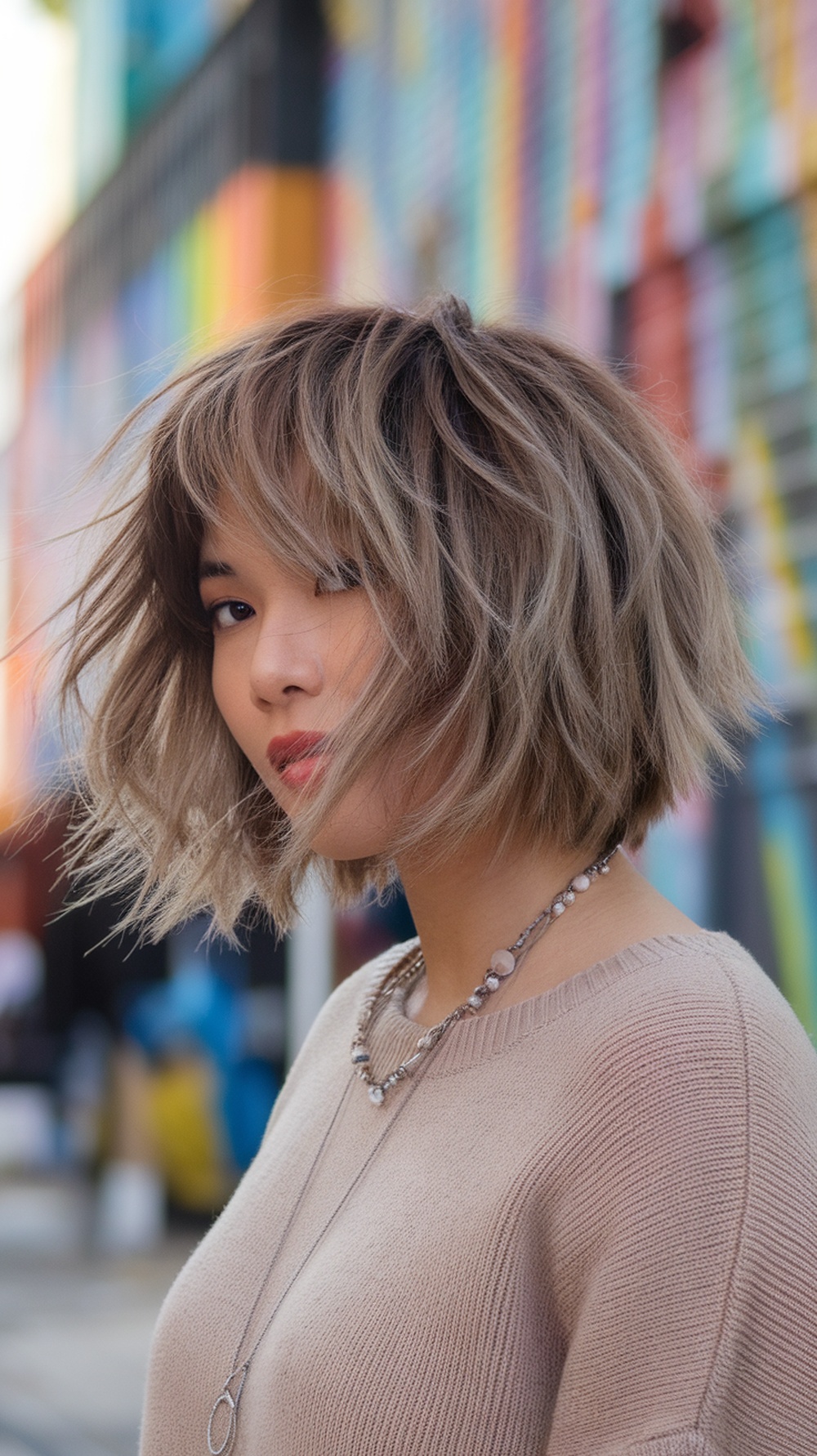A woman with a layered shaggy bob hairstyle featuring curly ends, standing against a colorful background.