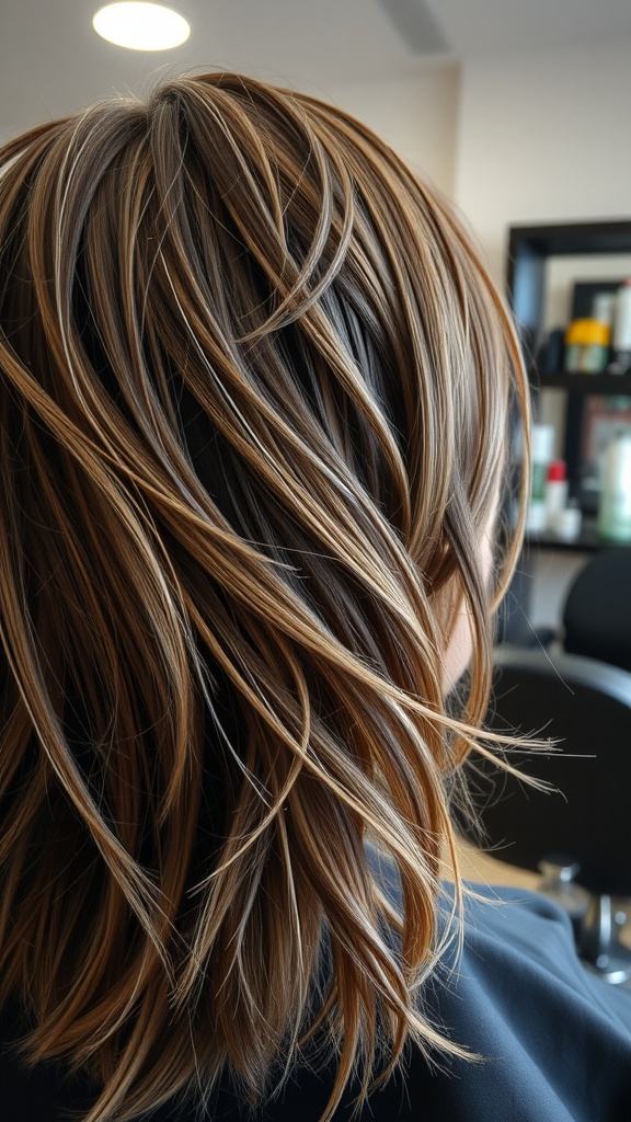 A close-up view of layered shaggy hair in light brown tones with highlights, showcasing movement and texture.