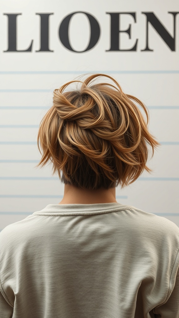 A woman with layered short hair styled in a playful, tousled manner, showcasing a unique twist on a classic haircut.