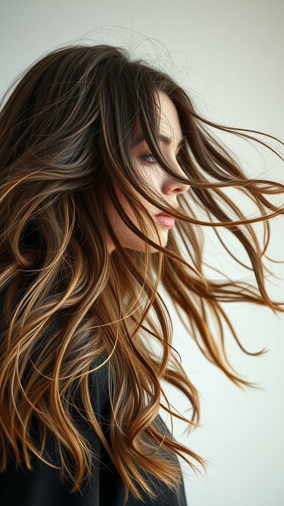 A woman with long, layered hair styled in soft waves, showcasing movement and texture.