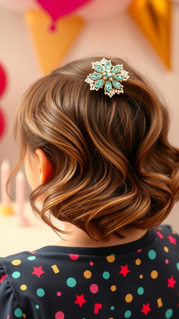 A close-up of a hairstyle featuring layered waves and a decorative hair clip.