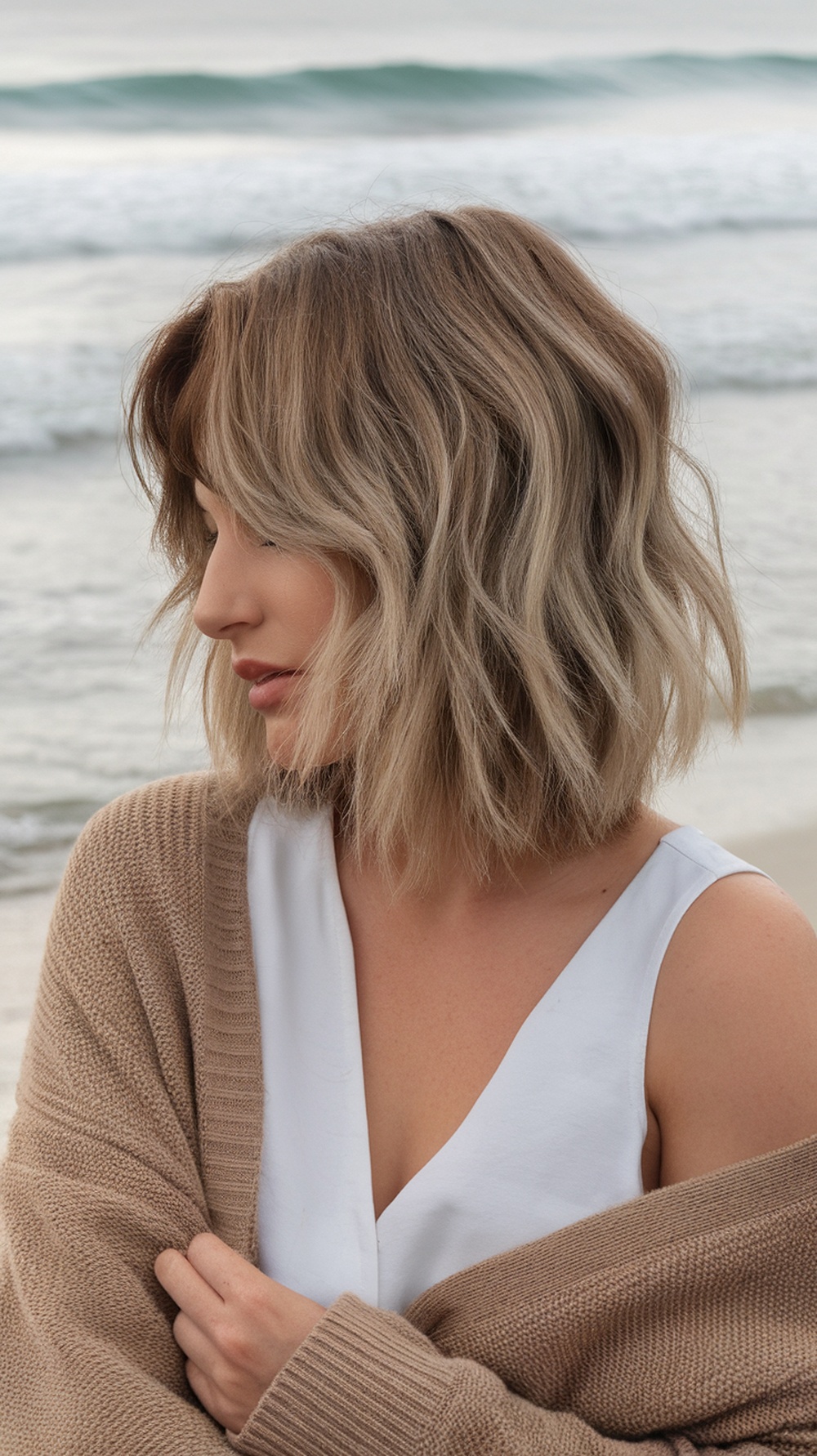 A woman with shoulder-length layered waves and a middle part, wearing a cozy sweater by the beach.