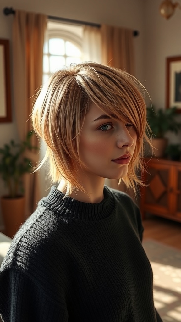 A woman with a layered wolf cut featuring warm undertones, wearing a dark sweater, with soft lighting in a cozy room.