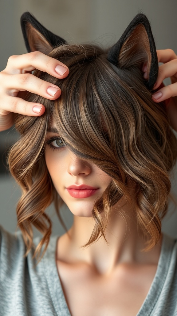 A woman with a wavy wolf cut hairstyle featuring bangs, showcasing layered hair with volume.