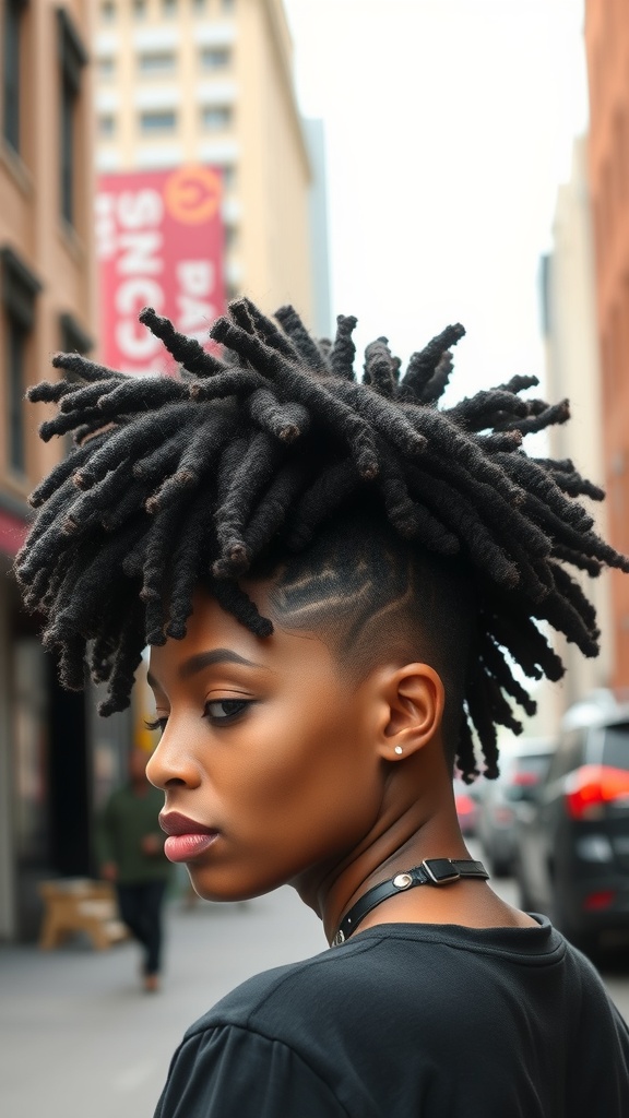 A person with locs styled into a curly mohawk, viewed from the back, in an urban setting.
