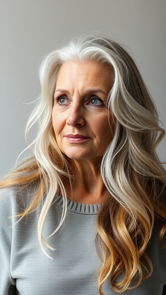 A woman with long, flowing silver and blonde hair, looking thoughtfully off to the side.