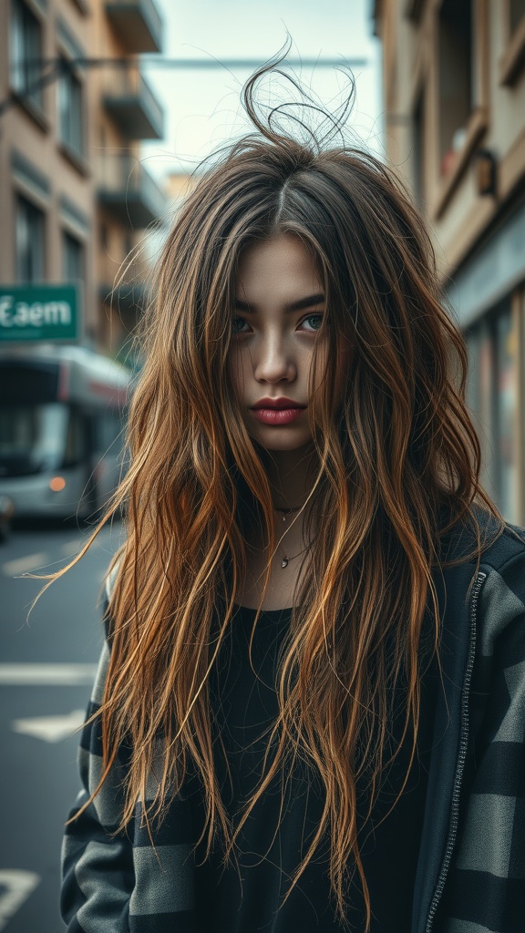 A person with long, tousled hair standing in an urban setting, showcasing a grunge hairstyle.