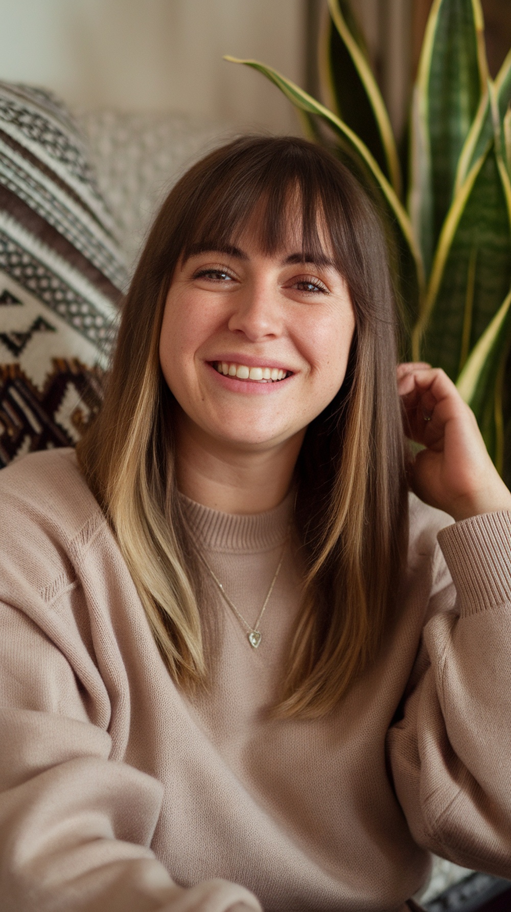 Woman with long bangs and medium-length hair, smiling in a cozy setting.