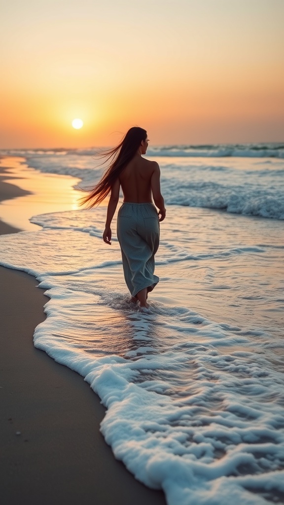 A woman walking on the beach at sunset with long hair flowing in the wind.