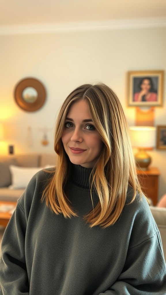 A woman with a long bob hairstyle featuring side bangs, wearing a cozy sweater, in a warm living room setting.