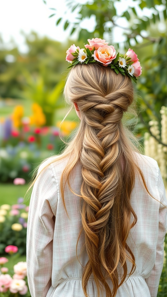 A woman with long braided hair adorned with a floral crown, set against a colorful garden backdrop.