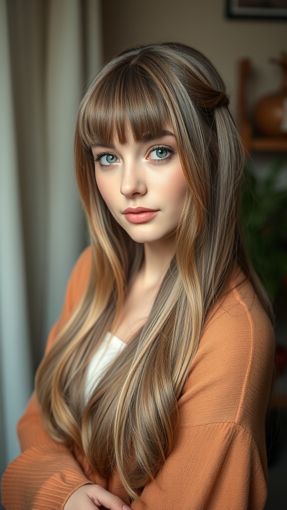 A woman with long hair styled in a butterfly cut with curtain bangs, wearing an orange sweater.
