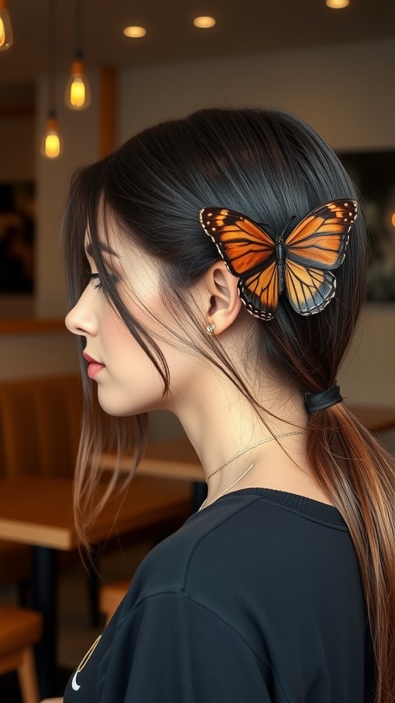 A woman with long hair styled in a butterfly cut, featuring a subtle undercut and a butterfly clip.