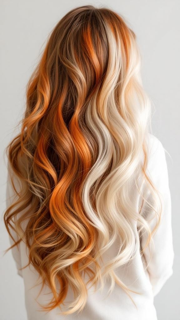 Long hair styled in calico waves with orange and blonde highlights