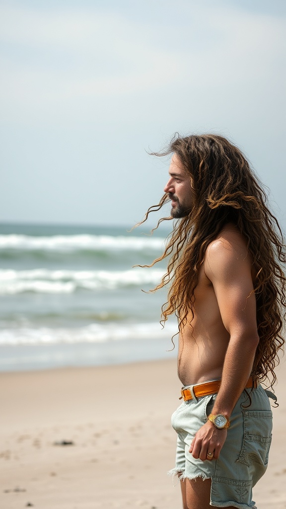 A man with long curly hair standing on the beach, looking out at the ocean.