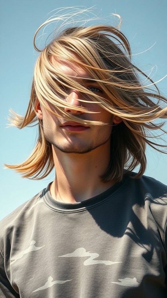 A person with long flowing hair, looking confidently into the distance.