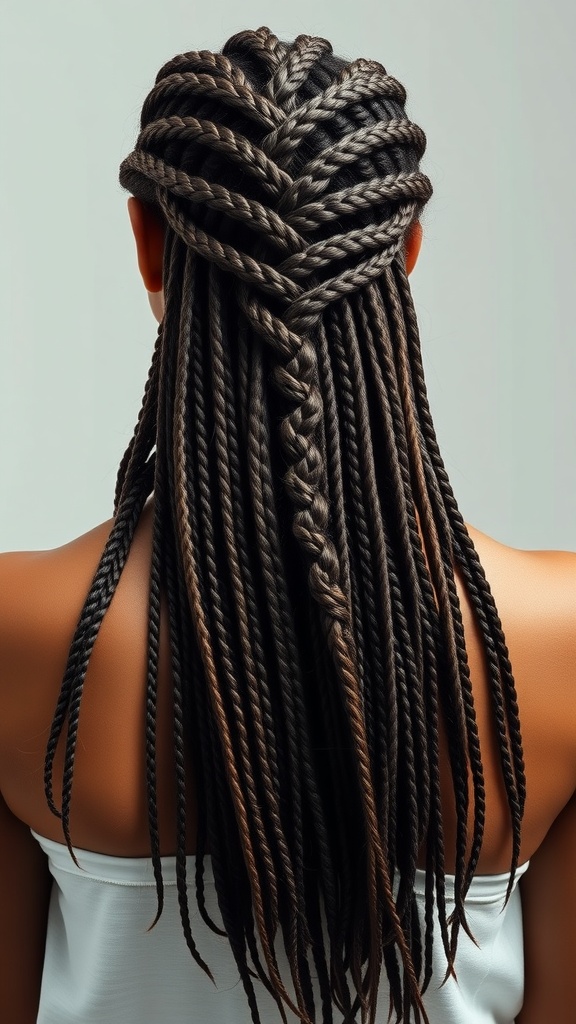 A person with long Fulani braids styled elegantly, showcasing intricate patterns and flowing lengths.