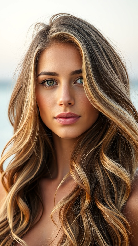 A woman with long hair styled in beachy waves, showcasing a natural and relaxed look.
