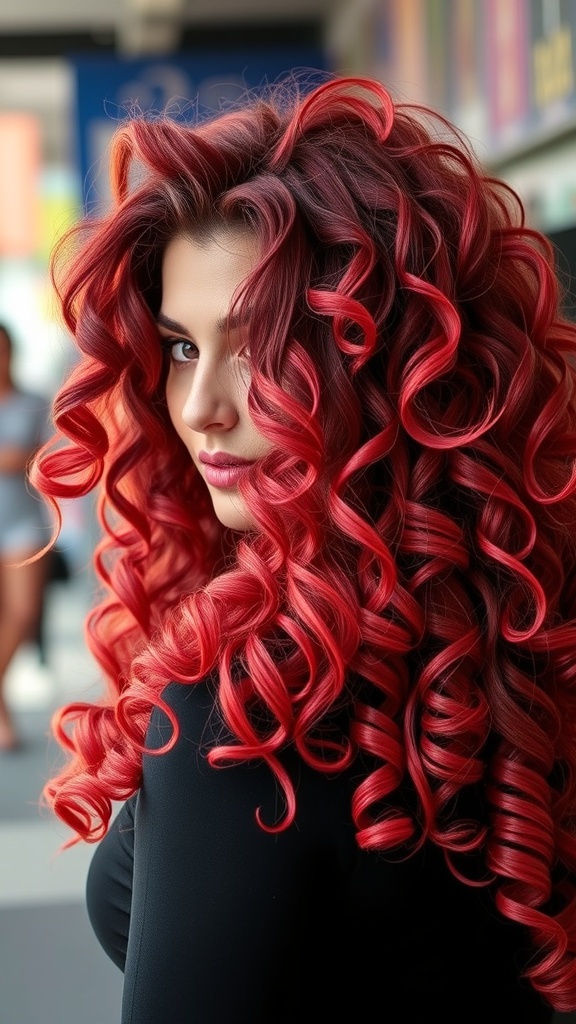 A woman with long, defined curls in vibrant red hair, showcasing volume and texture.