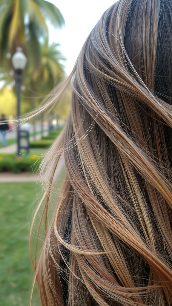 Long hair with feathered ends flowing in the wind, surrounded by greenery.