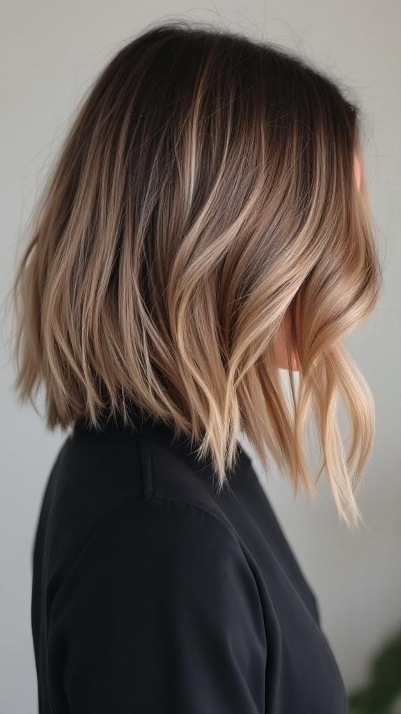 Long layered bob hairstyle with subtle highlights