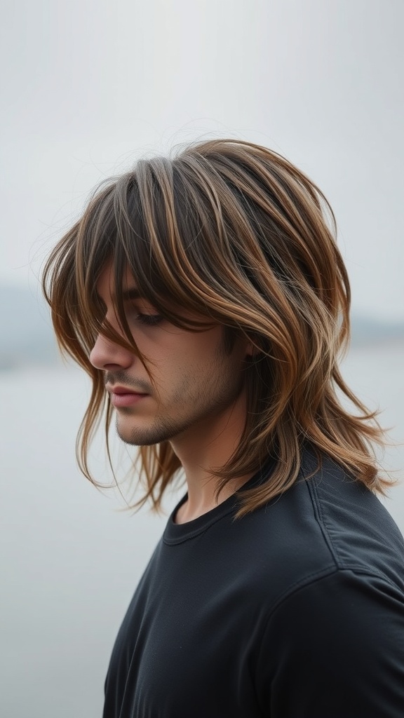 A young man with long layered hair, styled casually, showcasing a modern Korean hairstyle.