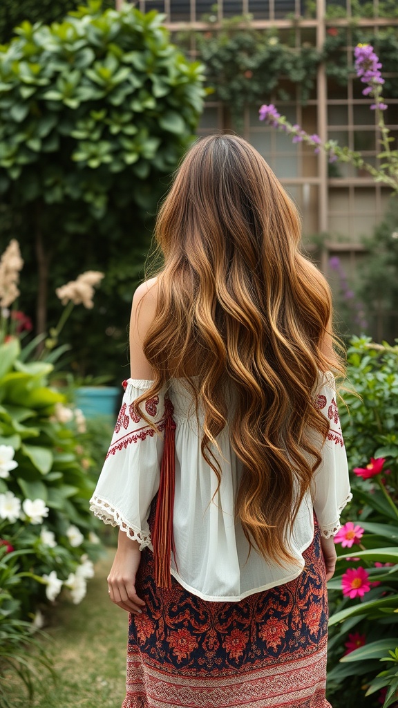 A woman with long layered hair and highlights, standing in a garden surrounded by flowers.