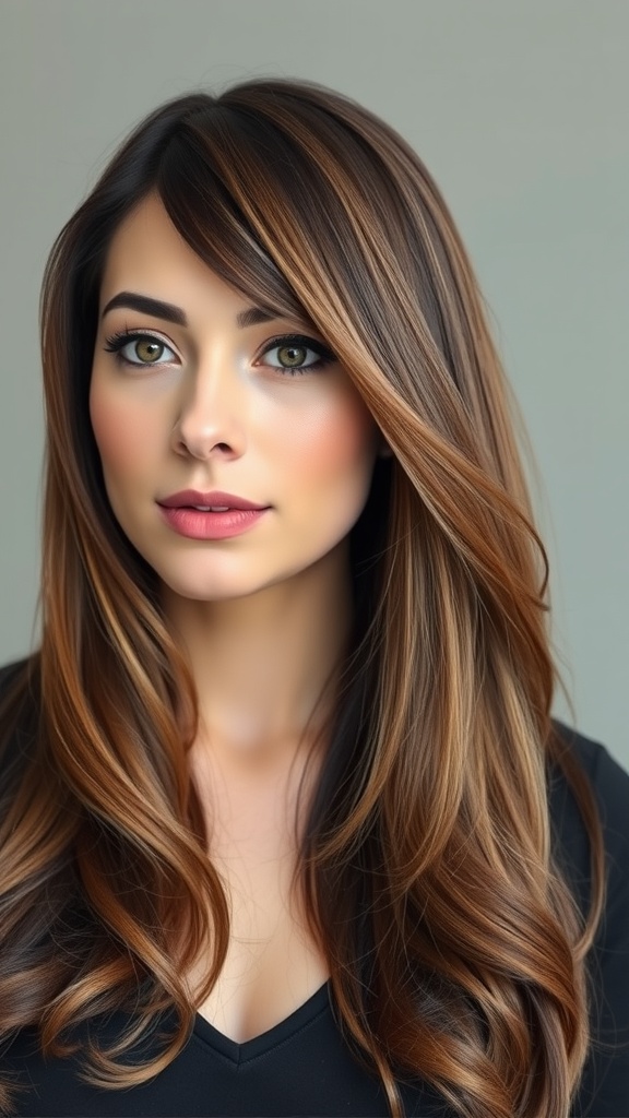 A woman with long layered hair and side bangs, showcasing a hairstyle suitable for an oval-shaped face.