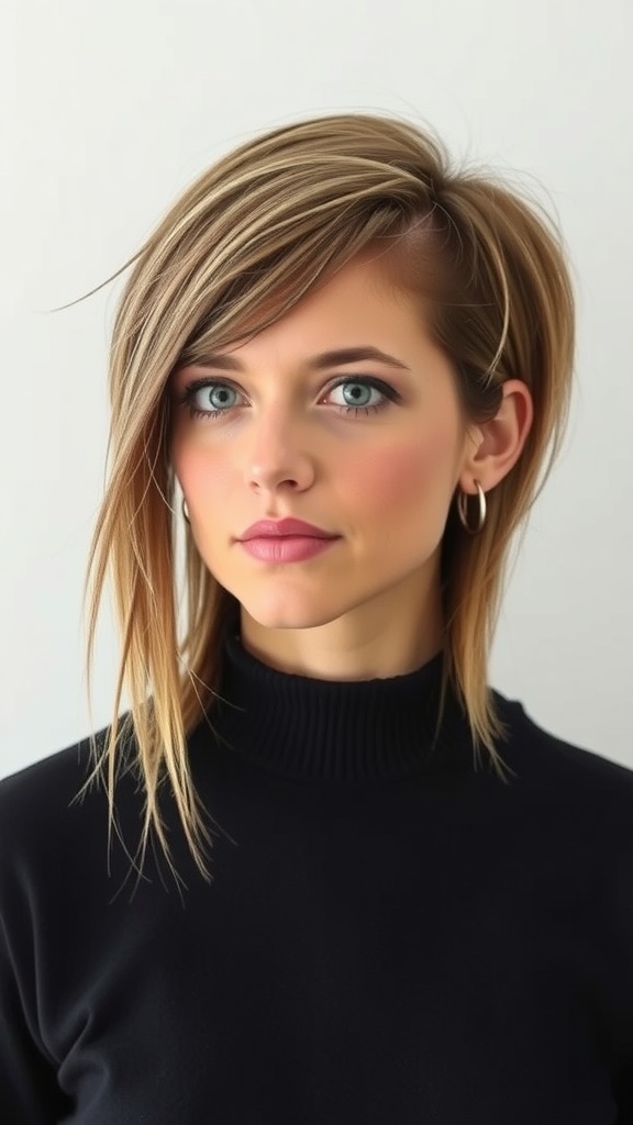A woman with a long pixie bob hairstyle, featuring soft layers and a stylish side part.