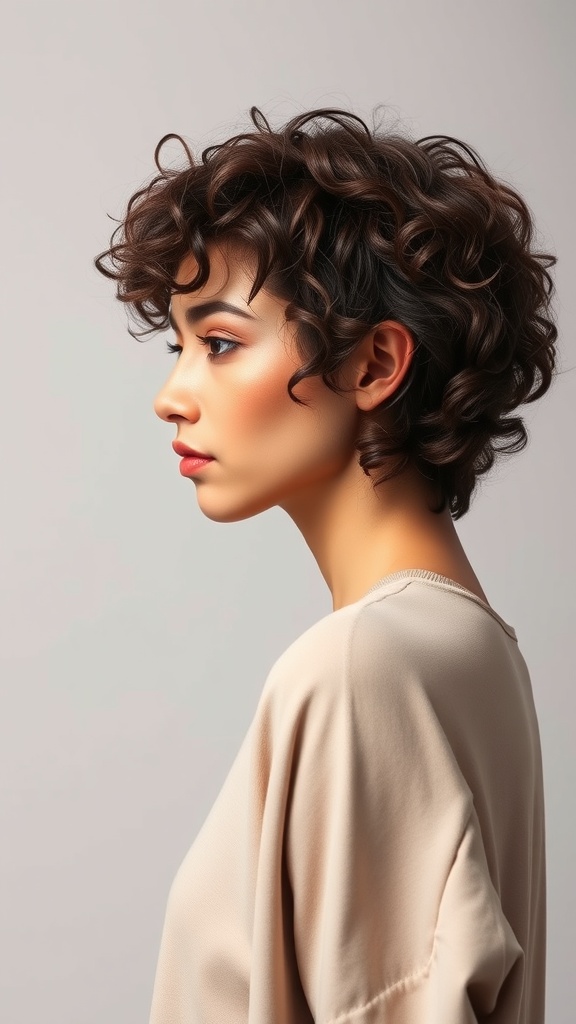 A woman with curly hair styled in a long pixie bob, showcasing the cut from the side.