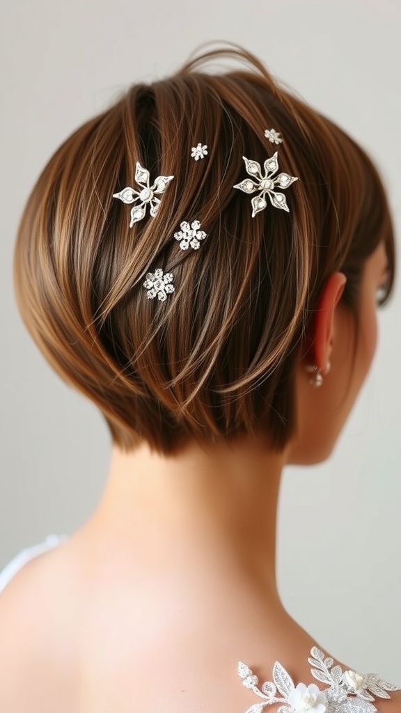 A woman with a long pixie bob hairstyle adorned with decorative hair accessories.