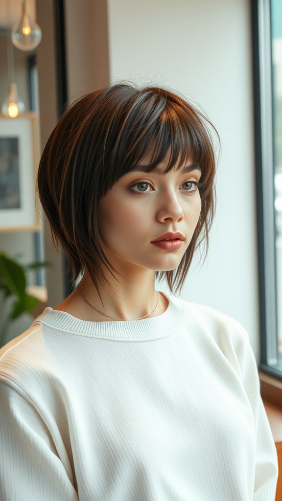 A model with a long pixie bob haircut and bangs, looking stylish and modern.