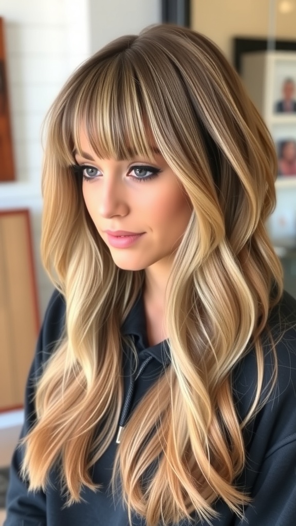 A woman with long shag hairstyle and bangs, showcasing soft waves and a modern look.