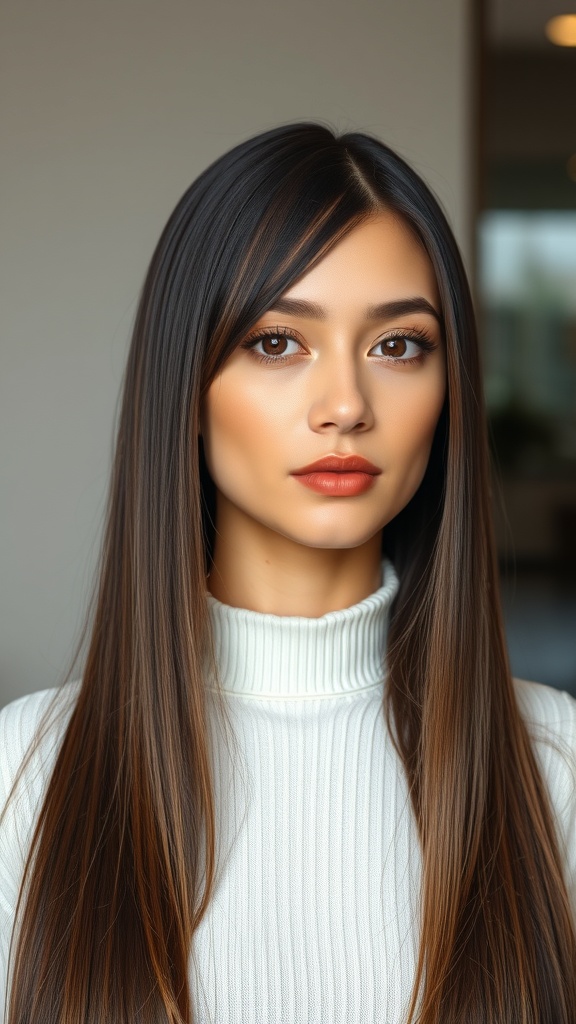 A woman with long straight hair styled in a middle part, wearing a white turtleneck.