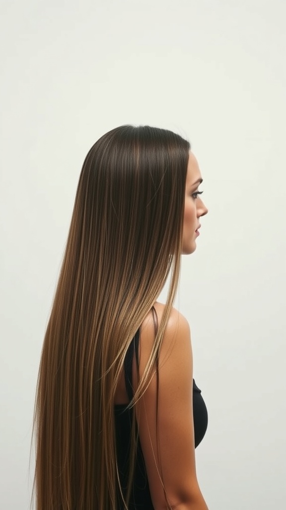 A woman with long straight hair and a side shave, showcasing a stylish and bold hairstyle.