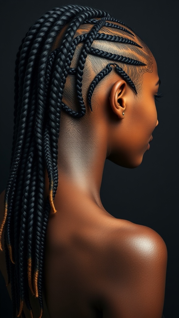 A model showcasing long swirl cornrows hairstyle, featuring intricate braids flowing down the back.