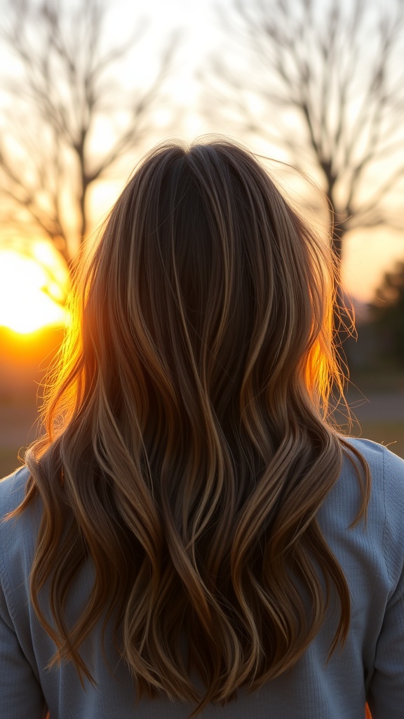 A woman with long, textured hair styled in soft waves, featuring a balayage color gradient, standing against a sunset backdrop.